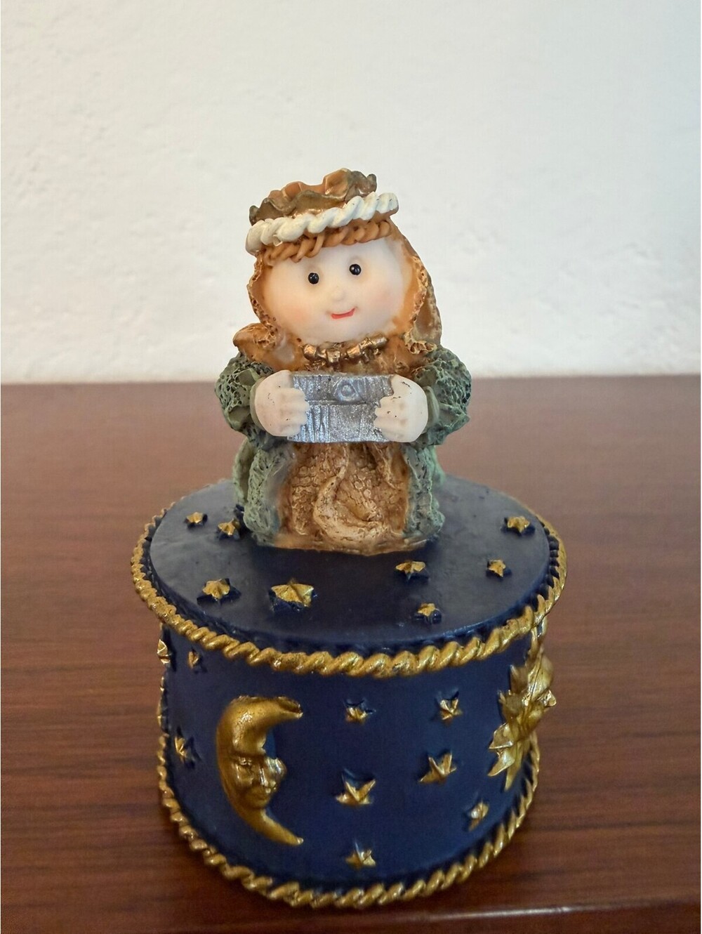 Vintage 90s Celestial Angel Trinket Box Sun Moon Stars Blue Gold